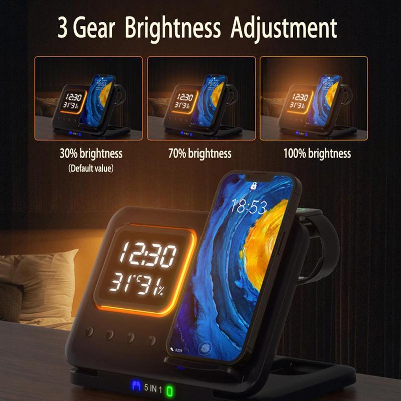 5-in-1 Wireless Charging Dock with LED Alarm Clock
