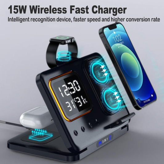 5-in-1 Wireless Charging Dock with LED Alarm Clock