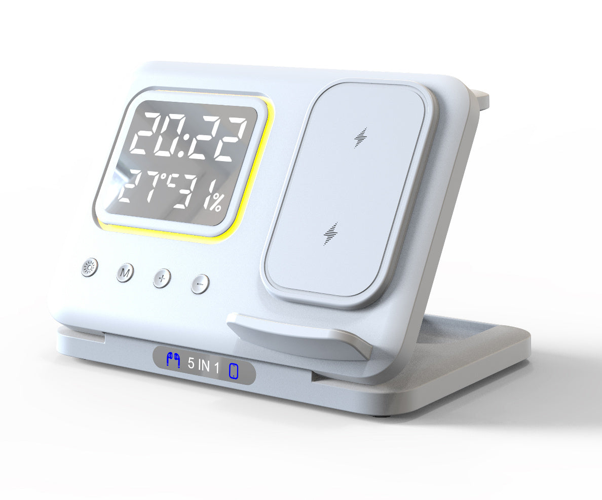 5-in-1 Wireless Charging Dock with LED Alarm Clock