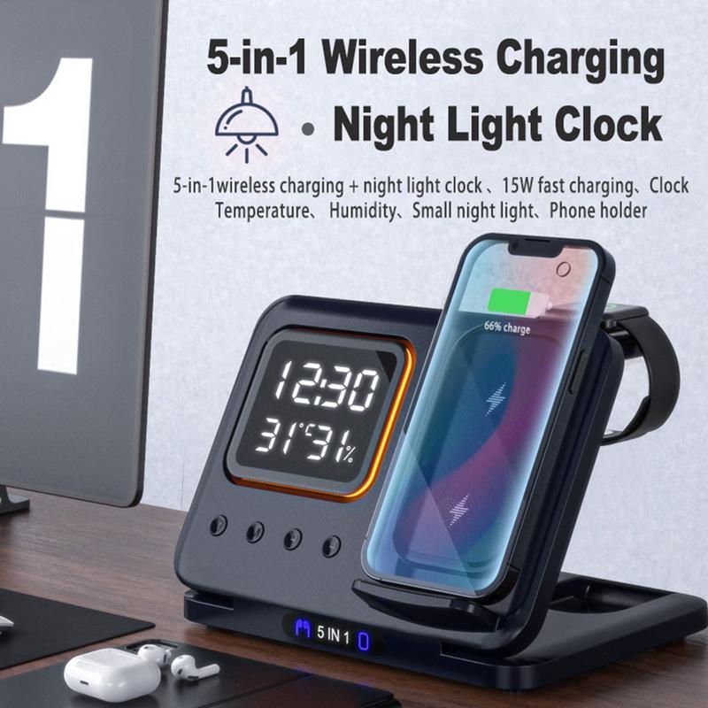 5-in-1 Wireless Charging Dock with LED Alarm Clock